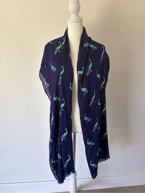 Kate Spade New York Royal Blue Peacock Print‎ Frayed Hem Scarf